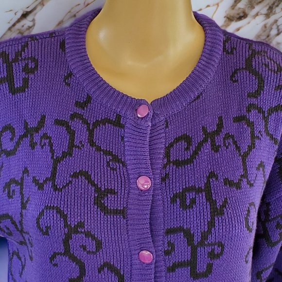 Jimmy Garcia Cardigan Sweater Women's M Purple Black Long Sleeve Button Acrylic - Picture 3 of 11